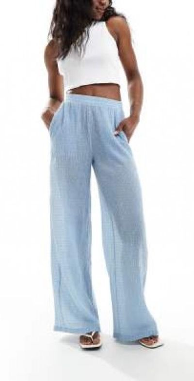 Bershka crinkle wide leg pants in blue-Red