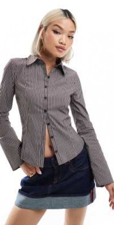 Bershka Bershka fitted shirt in brown stripe