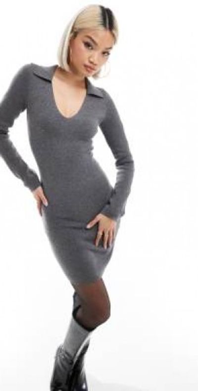 Bershka - knitted polo mini dress in gray Bershka - knitted polo mini dress in gray