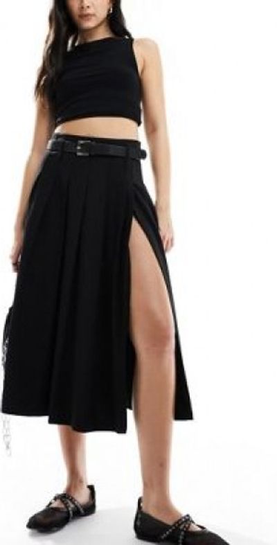 Bershka Bershka pleated tailored midi skirt in black