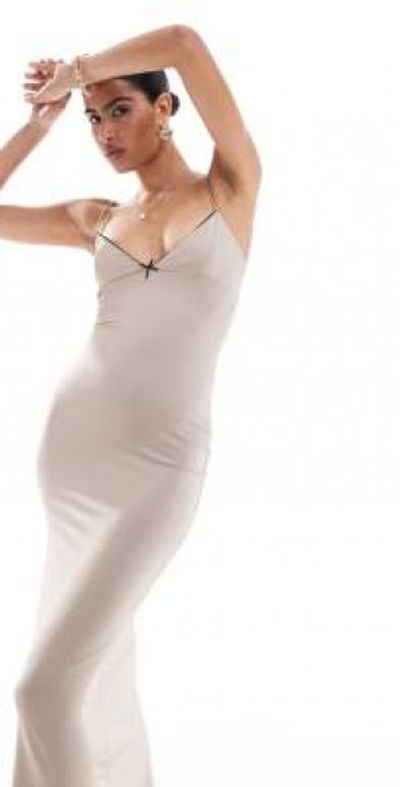 Bershka - thin strap bow detail bodycon maxi dress in mink-Neutral
