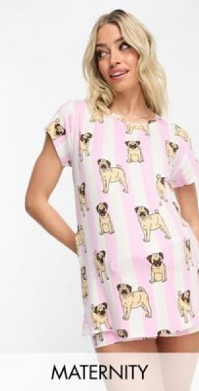 Chelsea Peers Chelsea Peers Maternity short pajama set in pink and white pug stripe-Purple