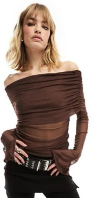 Collusion COLLUSION extreme bardot long sleeve mesh top in brown