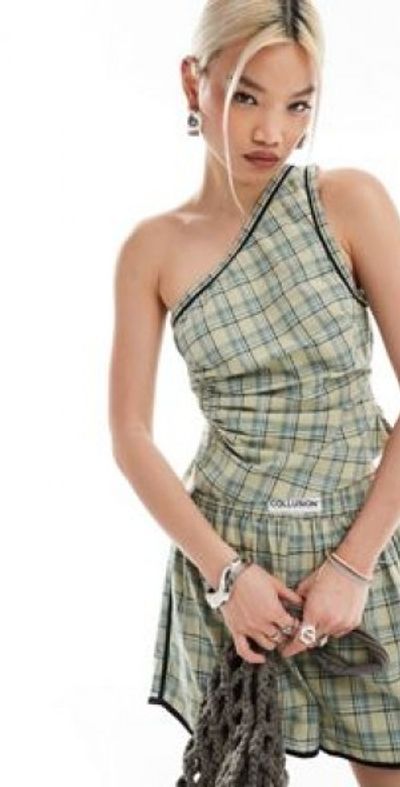 Collusion COLLUSION one shoulder top in green & blue plaid with sports binding - part of a set-Multi