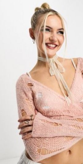 Collusion COLLUSION open stitch ballet wrap distressed cardigan in light pink