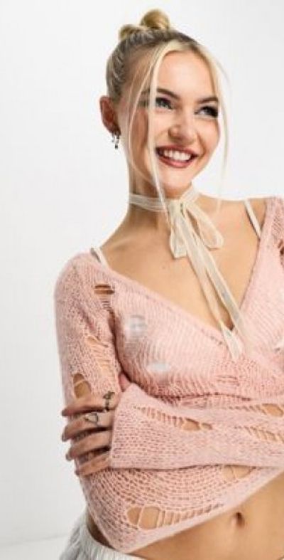 Collusion COLLUSION open stitch ballet wrap distressed cardigan in light pink