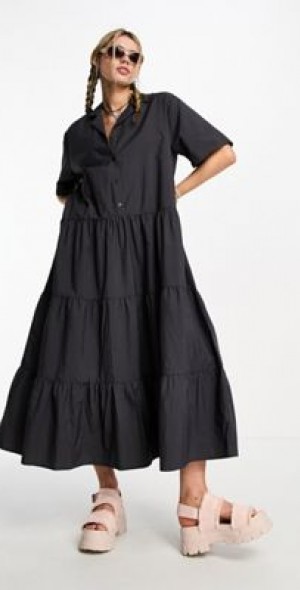 Collusion - COLLUSION parachute maxi shirt dress in gray-Black