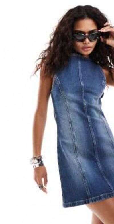 Collusion - COLLUSION slash neck denim mini dress in midwash-Blue