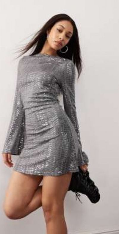 Collusion - COLLUSION slash neck flippy mini dress in gunmetal sequin-Silver