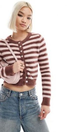 Daisy Street Daisy Street micro button up knit cardigan in pink brown stripe-Multi