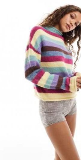 Daisy Street Daisy Street multi stripe roll detail neck cropped sweater in chunky knit stripe
