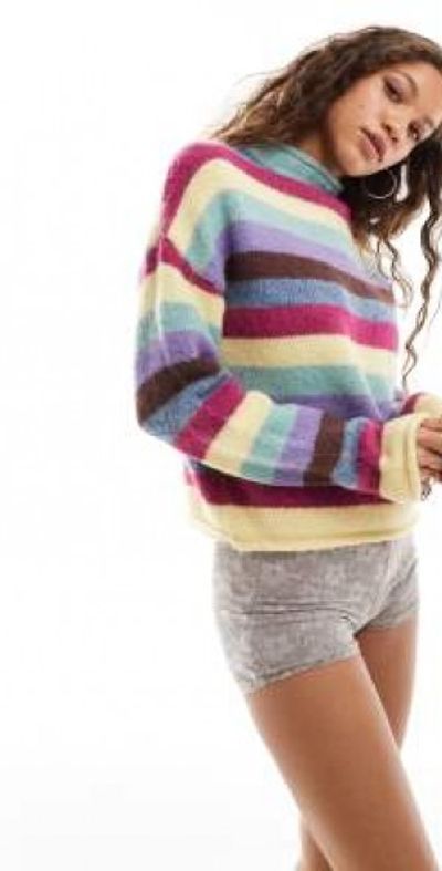Daisy Street Daisy Street multi stripe roll detail neck cropped sweater in chunky knit stripe