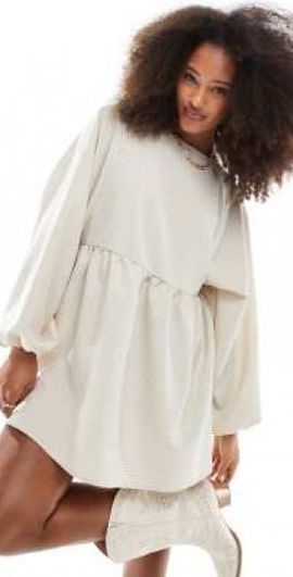 Daisy Street Daisy Street oversized long sleeve smock mini dress in washed sand plaid-Neutral