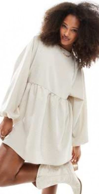 Daisy Street Daisy Street oversized long sleeve smock mini dress in washed sand plaid-Neutral