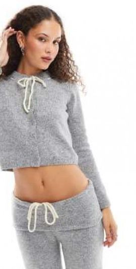 Daisy Street Daisy Street ribbon bow button up crop cardigan in gray - part of a set