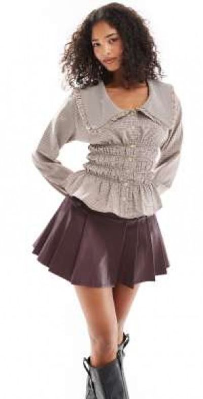 Daisy Street Daisy Street shirred blouse with ruffle collar in burgundy check-Multi
