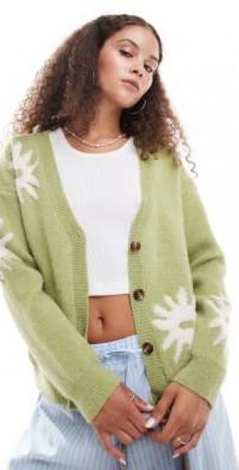 Daisy Street Daisy Street tufted intarsia cardigan in green with vintage buttons