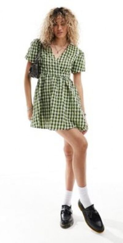 slim fit dress slacks Green And White Printed Shirred Waist Smock Dress – AX Paris main image 0