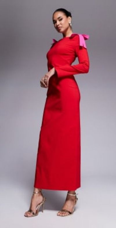 Daska Valentines bow shoulder maxi dress in red and pink-Multi