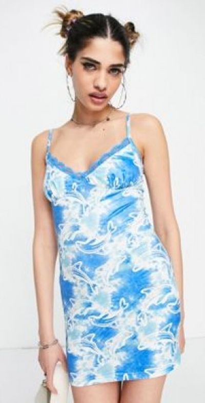 Elsie & Fred - 90s cami mini dress with lace detail in retro dolphin print- Blue Elsie & Fred - 90s cami mini dress with lace detail in retro dolphin print- Blue