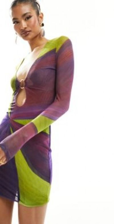 Farai London - Eos mesh cut out scoop neck bodycon mini dress in purple and  lime flower-Multi