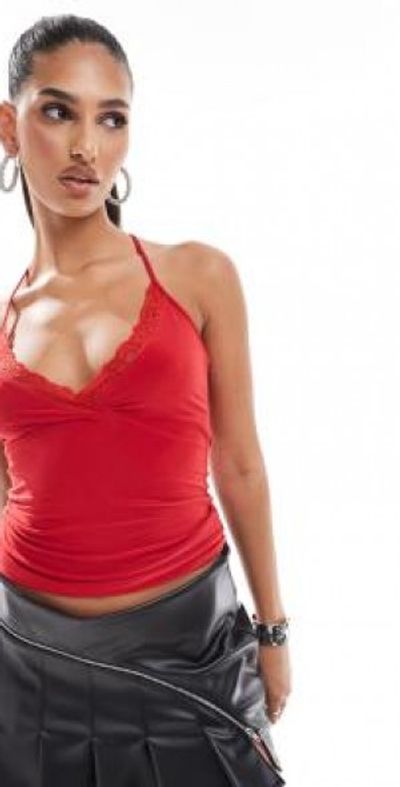 Fashionkilla Fashionkilla slinky double layered wrap halterneck top with lace trim in red