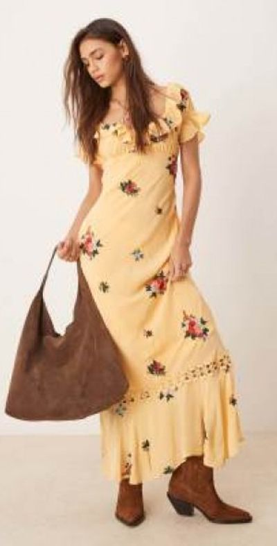 Free People - floral embroidered puff sleeve maxi dress in yellow Free People - floral embroidered puff sleeve maxi dress in yellow