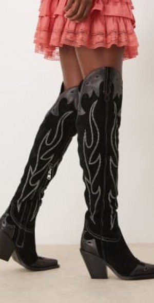 Free People - Wild West thigh high suede western boots in black