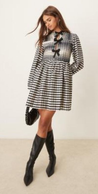 Ghospell - Bobbi plaid bow mini dress in black and white-Multi Ghospell - Bobbi plaid bow mini dress in black and white-Multi