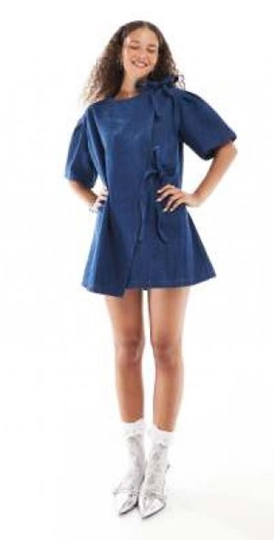 Ghospell - bow detail textured mini dress in dark wash denim-Blue Ghospell - bow detail textured mini dress in dark wash denim-Blue