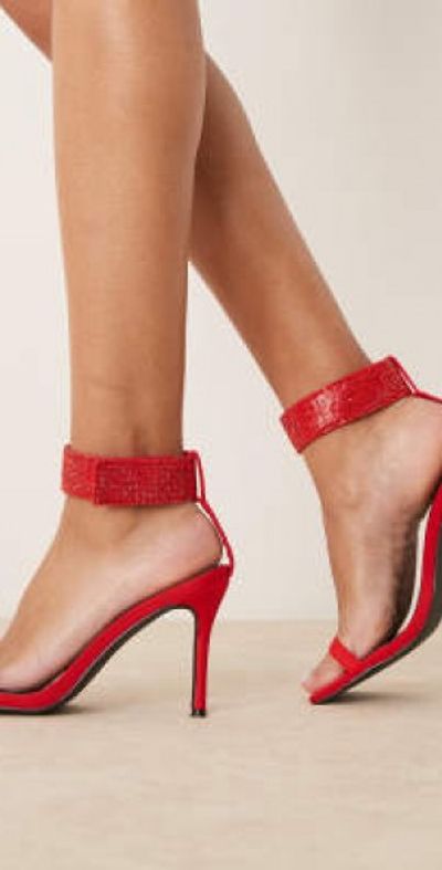 Glamorous Glamorous stiletto heel sandals with embellished ankle strap in red