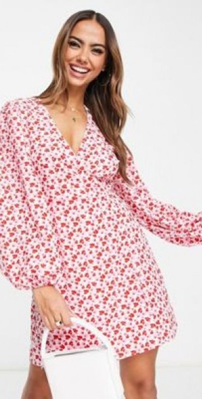 Glamorous Glamorous wrap mini tea dress in pink ditsy-Multi