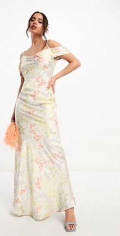 Hope & Ivy - cowl neck satin maxi dress in ivory floral-White