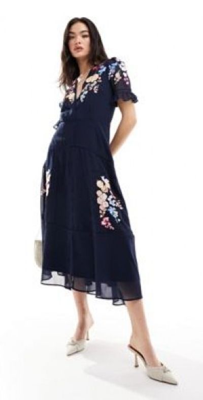 Hope Ivy embroidered plunge front midi dress in navy
