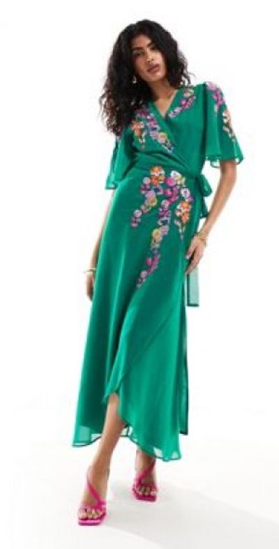 Hope & Ivy - embroidered wrap maxi dress in bright green Hope & Ivy - embroidered wrap maxi dress in bright green