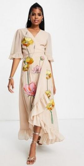 Hope & Ivy - tie shoulder embroidered midi dress in navy-Blue