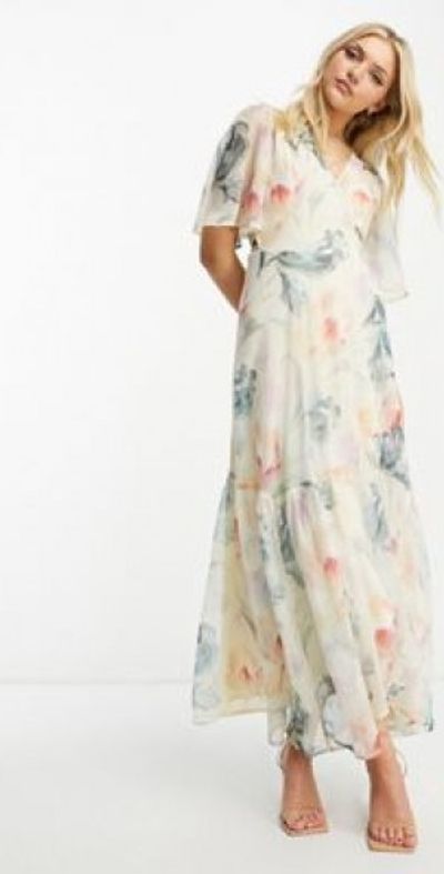 Hope & Ivy - flutter sleeve wrap maxi dress in cream floral-White Hope & Ivy - flutter sleeve wrap maxi dress in cream floral-White