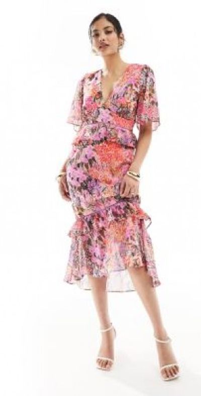 Hope Ivy plunge midi dress with ruffle detail in lilac floral