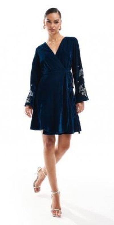 Hope & Ivy - premium velvet wrap mini dress with embellished sleeve detail  in teal-Blue