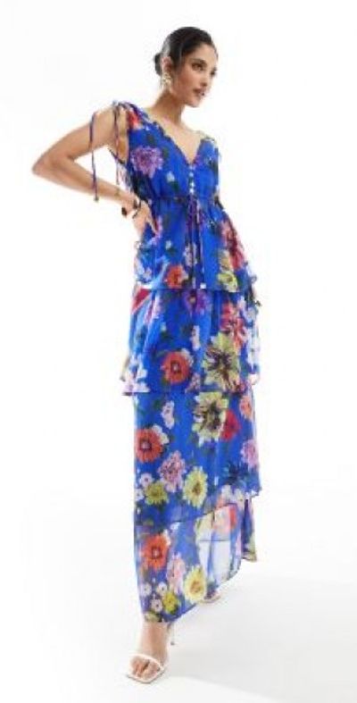 Hope Ivy tie shoulder maxi dress with tiered skirt in cobalt