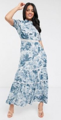 hope & ivy high neck midi dress with open back in blue floral