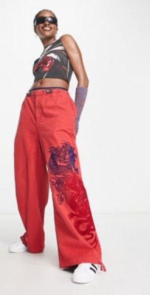 Jaded London - low rise parachute pants with flocking in red