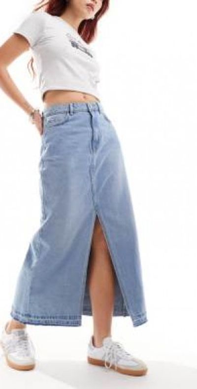 JDY JDY split front denim maxi skirt in light wash blue