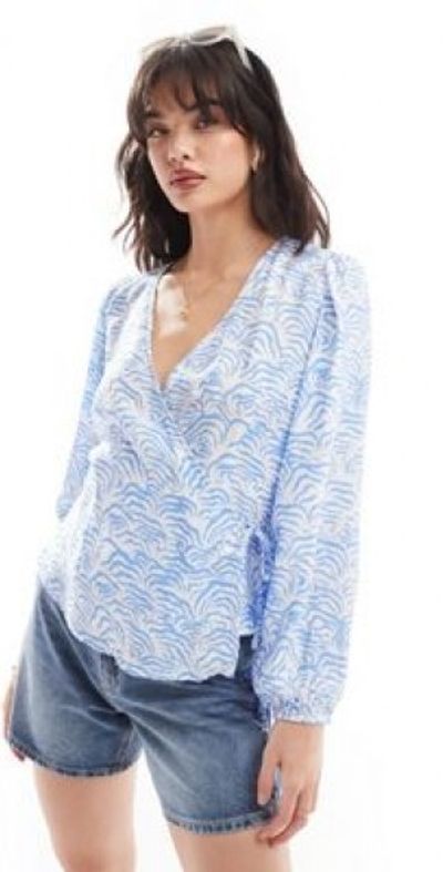 JDY JDY wrap blouse in white & blue shell print