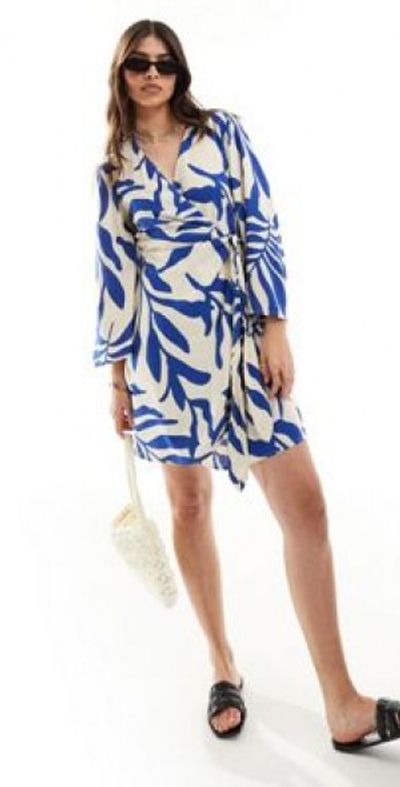 JDY JDY wrap dress beige with blue palm print-Multi
