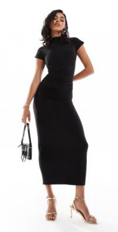 Kaiia Kaiia exclusive double layered slinky high neck cap sleeve bodycon maxi dress in black
