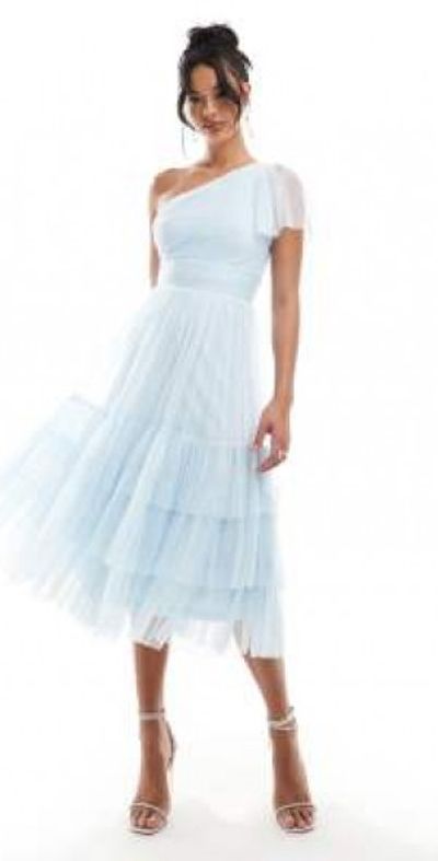 Lace & Beads - Bridesmaid Madison one-shoulder tulle midi dress in sky blue Lace & Beads - Bridesmaid Madison one-shoulder tulle midi dress in sky blue