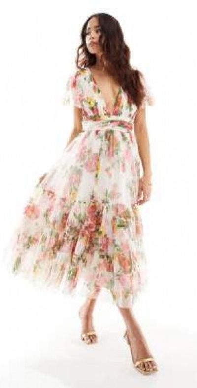 Lace Beads Bridesmaid Madison v neck tulle midi dress in