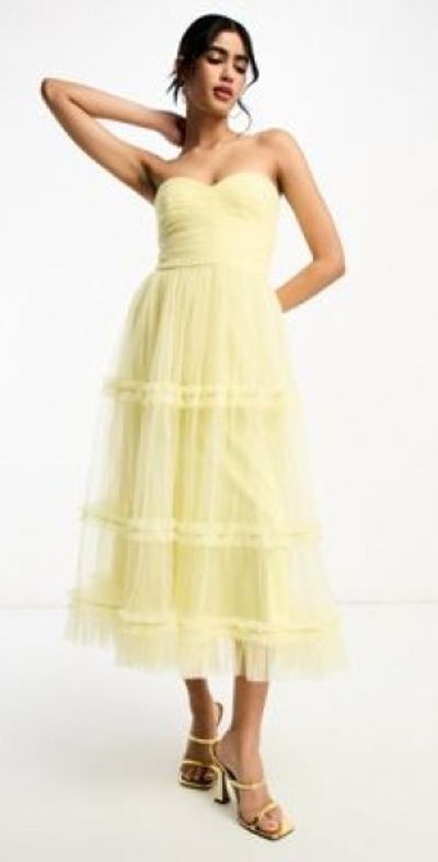 Lace & Beads - Exclusive bandeau ruffle midi dress in lemon-Yellow