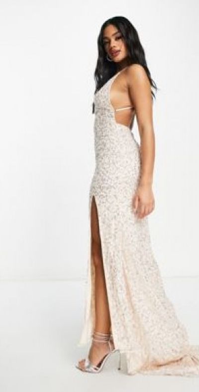 Lace & Beads - Exclusive embellished thigh slit maxi dress in light gold